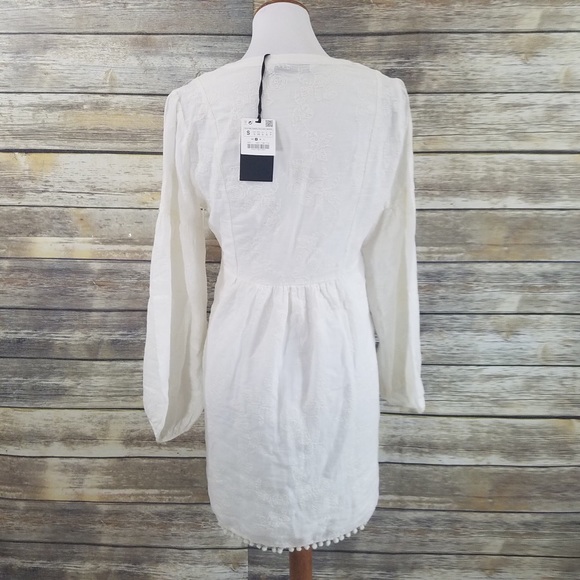 NWT Zara White Embroidered Pom Pom Mini Dress - Picture 8 of 8
